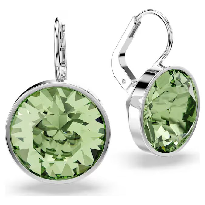 Bella drop earrings Round cut, Green, Rhodium plated