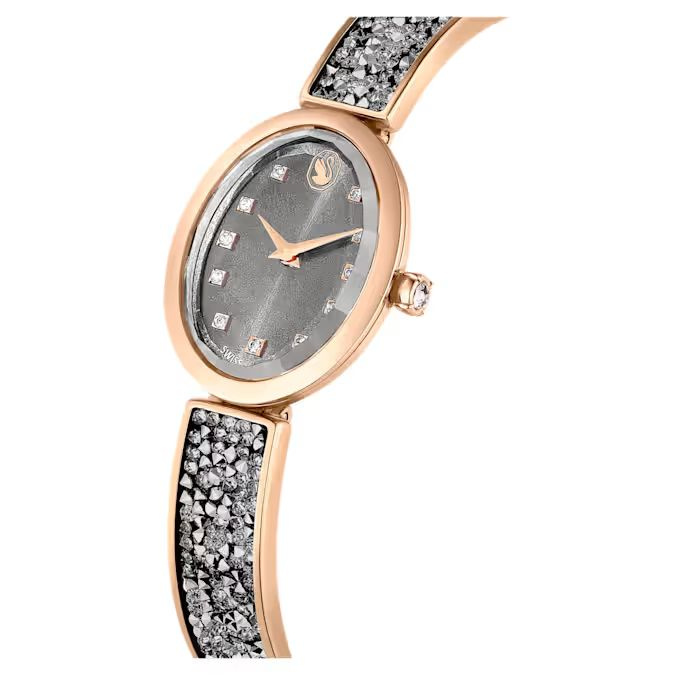 Crystal Rock Oval watch Swiss Made, Crystal bracelet, Gray, Rose gold-tone finish