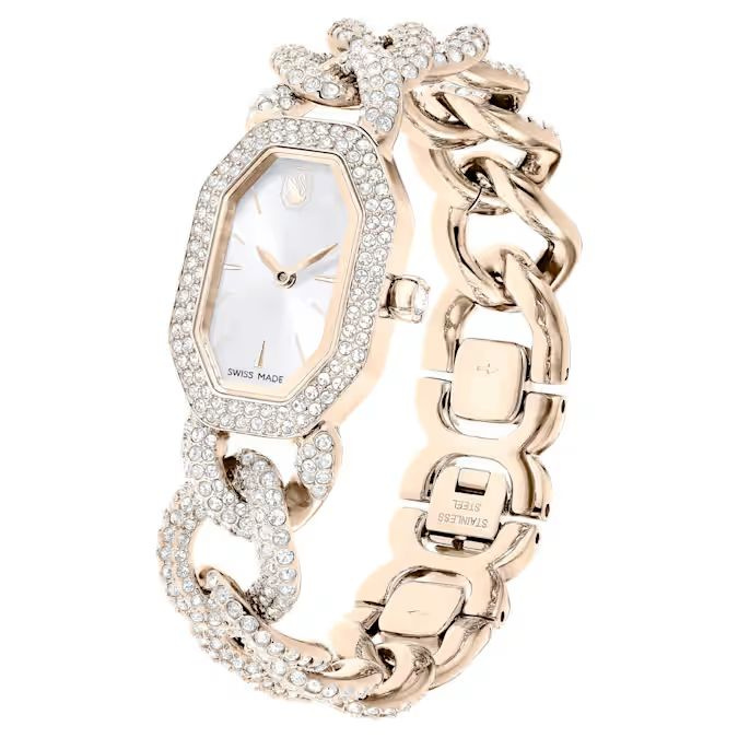 Dextera Chain watch Swiss Made, Crystal bracelet, White, Champagne gold-tone finish