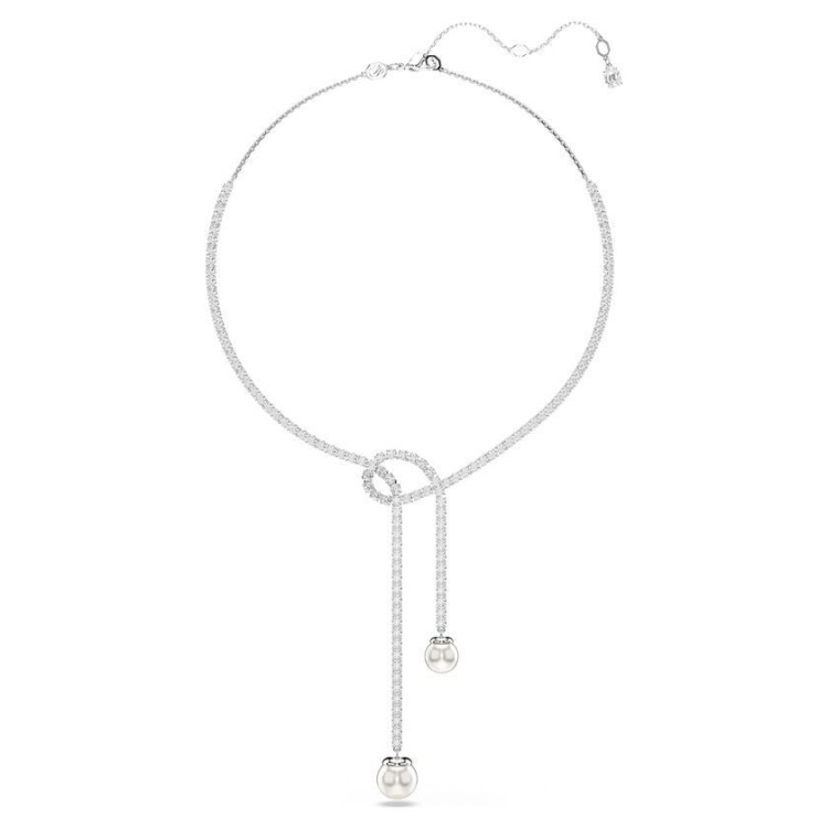 Matrix Y necklace Crystal pearl, Round cut, White, Rhodium plated