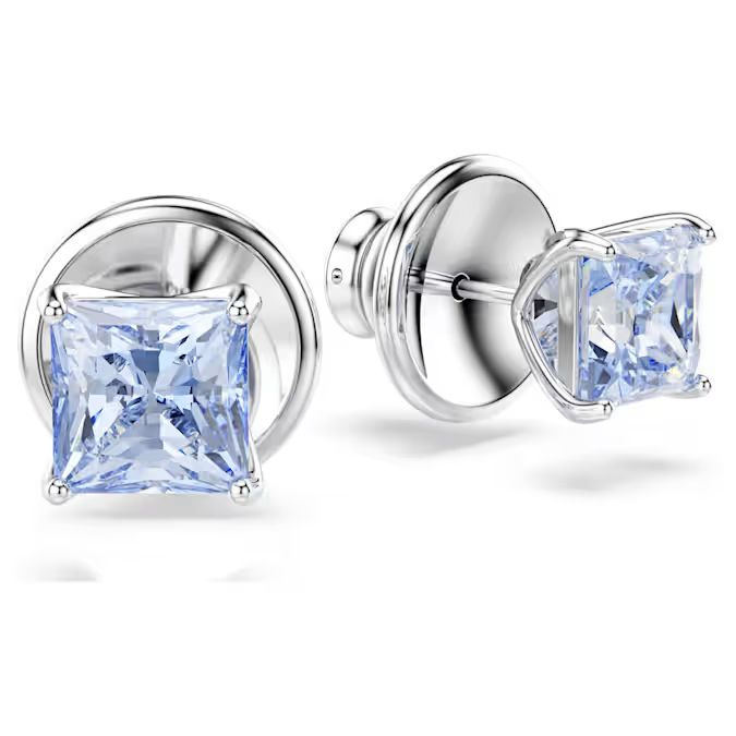 Matrix stud earrings Square cut, Blue, Rhodium plated