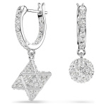 Dextera drop earrings Asymmetrical design, Round cut, Star and sphere, White, Rhodium plated