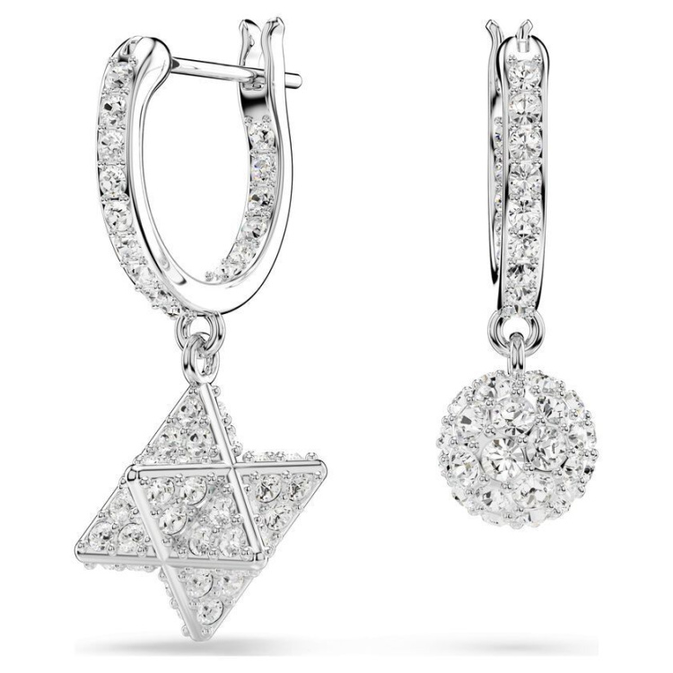 Dextera drop earrings Asymmetrical design, Round cut, Star and sphere, White, Rhodium plated