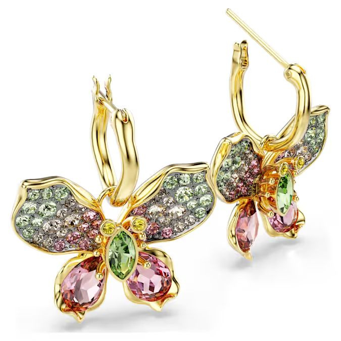 Idyllia drop earrings Mixed cuts, Pavé, Butterfly, Multicolored, Gold-tone plated