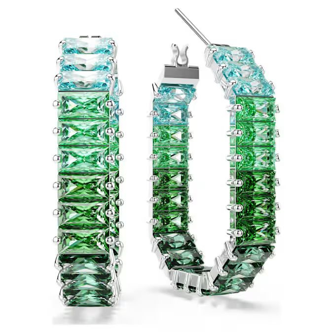 Matrix hoop earrings Baguette cut, Green, Rhodium plated