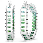 Matrix hoop earrings Baguette cut, Green, Rhodium plated