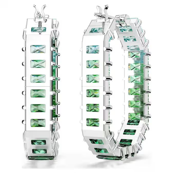 Matrix hoop earrings Baguette cut, Green, Rhodium plated