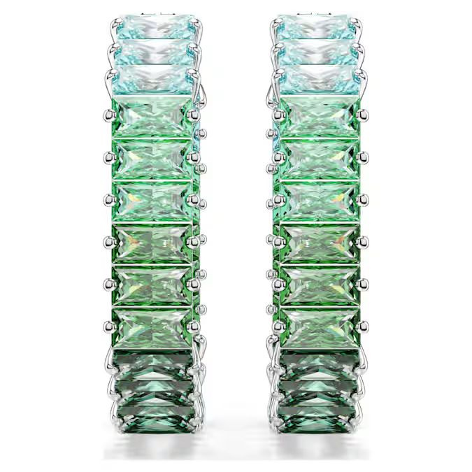 Matrix hoop earrings Baguette cut, Green, Rhodium plated