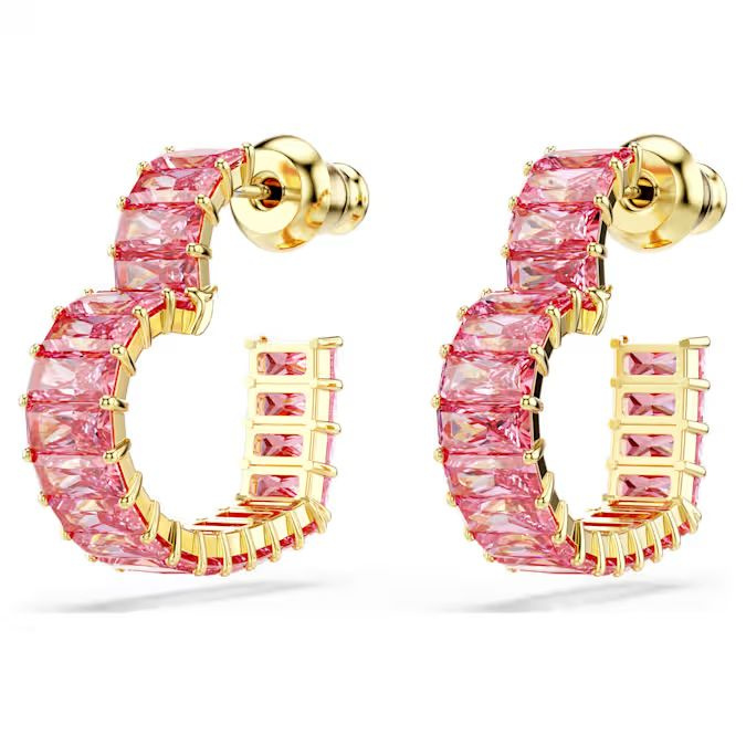 Matrix hoop earrings Baguette cut, Heart, Small, Pink, Gold-tone plated