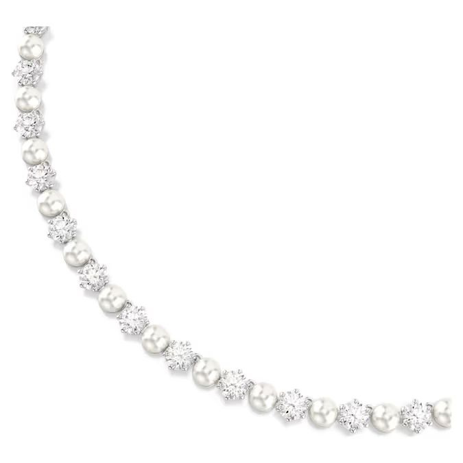 Matrix Tennis necklace Crystal pearl, Round cut, White, Rhodium plated