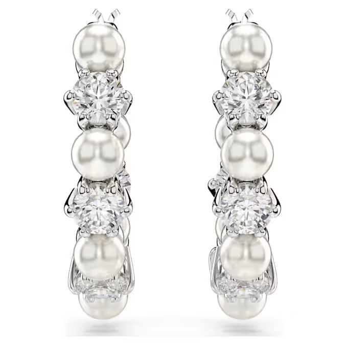 Matrix drop earrings Crystal pearl, Round cut, White, Rhodium plated