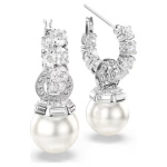 Matrix drop earrings Crystal pearl, Round cut, White, Rhodium plated