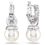 Matrix drop earrings Crystal pearl, Round cut, White, Rhodium plated