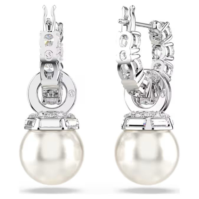 Matrix drop earrings Crystal pearl, Round cut, White, Rhodium plated