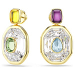 Chroma drop earrings Asymmetrical design, Octagon cut, Multicolored, Gold-tone plated