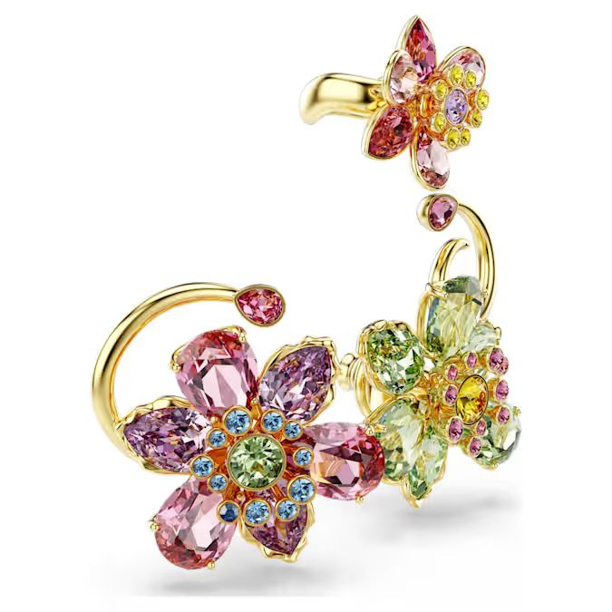 Idyllia ear cuff Set (3), Asymmetrical design, Mixed cuts, Flower, Multicolored, Gold-tone plated