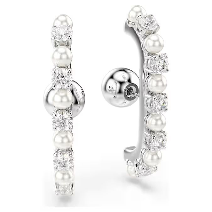 Matrix ear cuff Set (3), Crystal pearl, Round cut, White, Rhodium plated