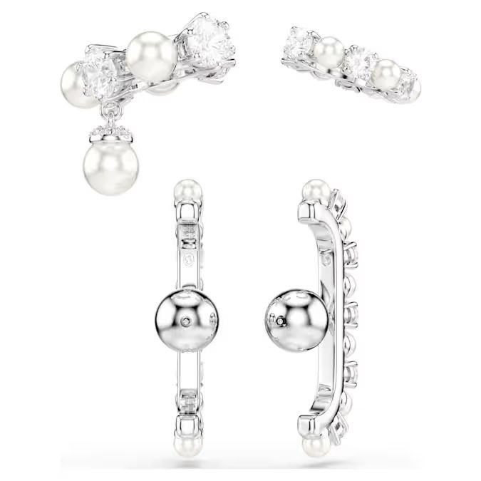 Matrix ear cuff Set (3), Crystal pearl, Round cut, White, Rhodium plated