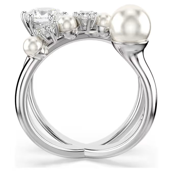 Matrix cocktail ring Crystal pearl, Round cut, White, Rhodium plated