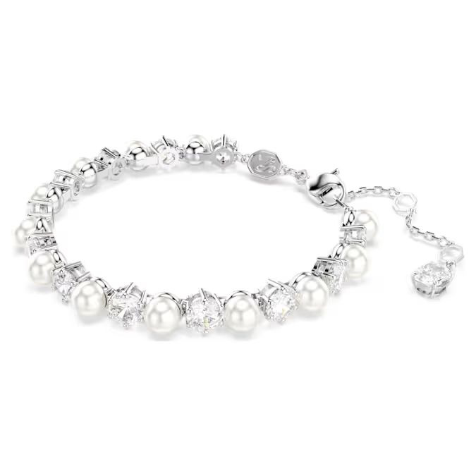 Matrix Tennis bracelet Crystal pearl, Round cut, White, Rhodium plated