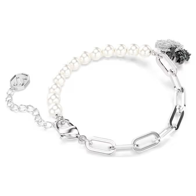 Swan bracelet Crystal pearl, Swan, Black, Rhodium plated