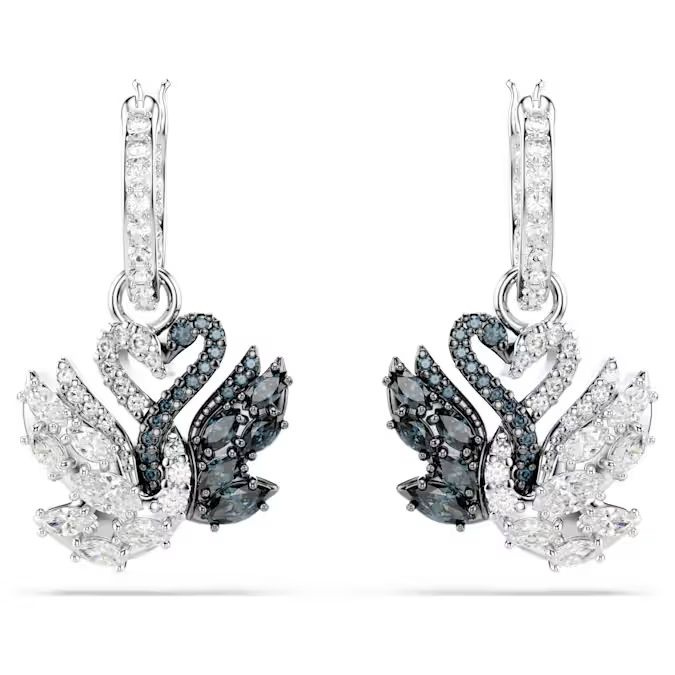 Swan drop earrings Swan, Black, Rhodium plated