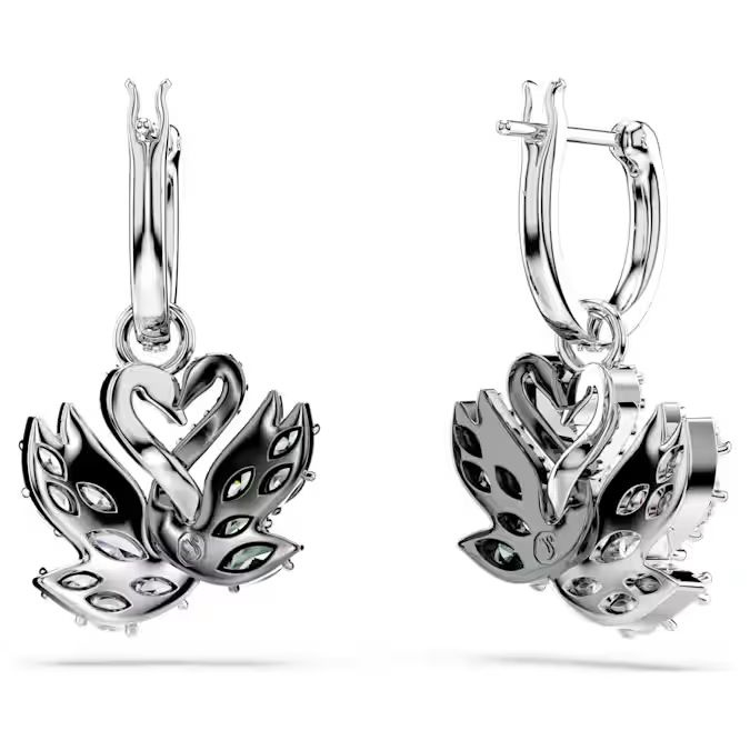 Swan drop earrings Swan, Black, Rhodium plated