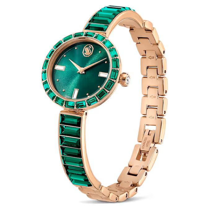 Matrix Bangle watch Swiss Made, Crystal bracelet, Green, Champagne gold-tone finish