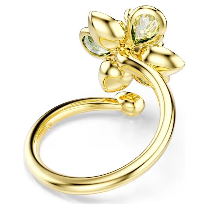 Idyllia open ring Mixed cuts, Flower, Green, Gold-tone plated