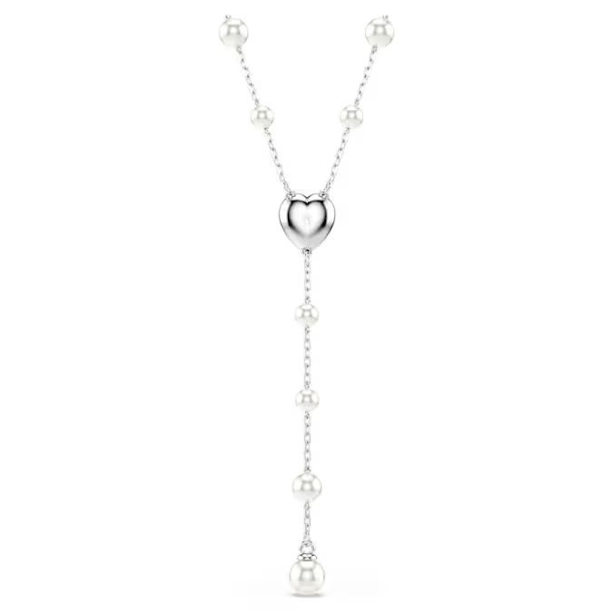 Ariana Grande x Swarovski Y necklace Crystal pearl, Mixed cuts, Heart, White, Rhodium plated