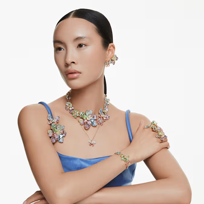 Idyllia necklace Mixed cuts, Pavé, Flower, Multicolored, Gold-tone plated