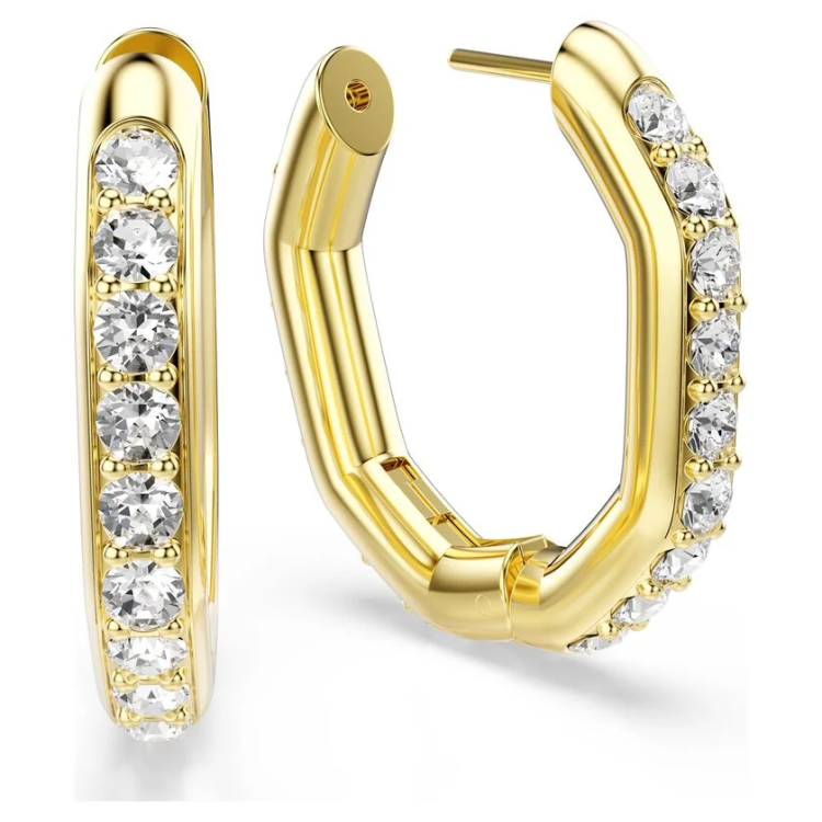 Dextera hoop earrings Octagon shape, Round cut, White, Gold-tone plated