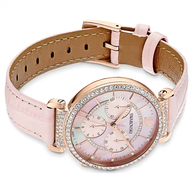 Passage Chrono watch Swiss Made, Leather strap, Pink, Rose gold-tone finish