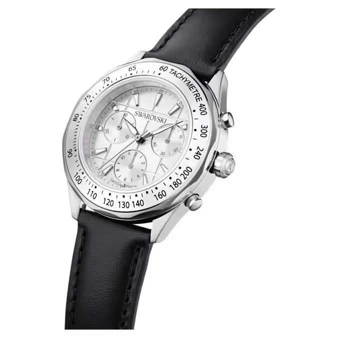 Dextera tachymetre watch Swiss Made, Leather strap, Silver tone, Stainless steel