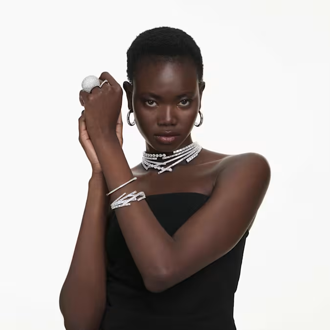 Matrix bangle Mixed cuts, White, Rhodium plated