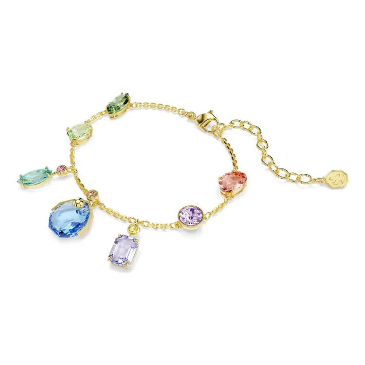 Gema bracelet Mixed cuts, Dangling crystals, Multicolored, Gold-tone plated