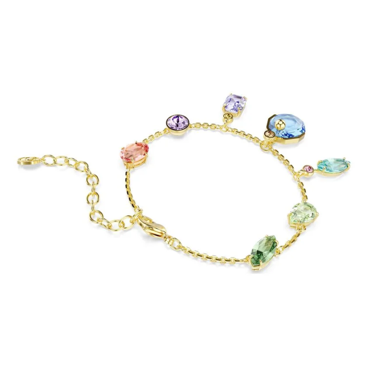 Gema bracelet Mixed cuts, Dangling crystals, Multicolored, Gold-tone plated