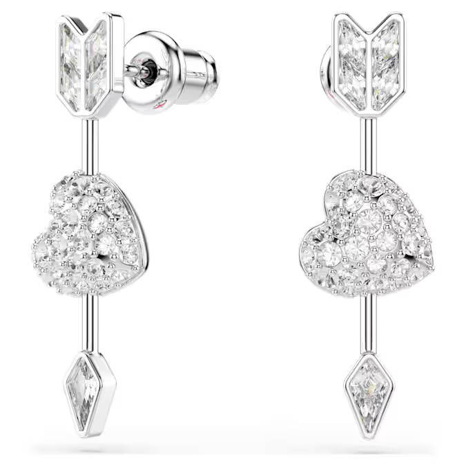 Idyllia drop earrings Mixed cuts, Heart with arrow, White, Rhodium plated