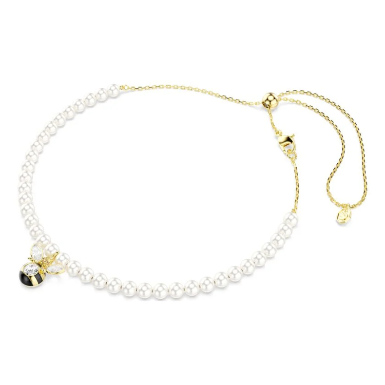 Idyllia choker Crystal pearl, Mixed cuts, Bee, White, Gold-tone plated