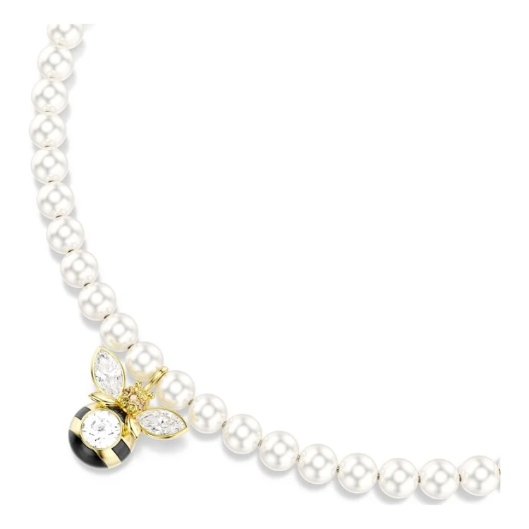 Idyllia choker Crystal pearl, Mixed cuts, Bee, White, Gold-tone plated