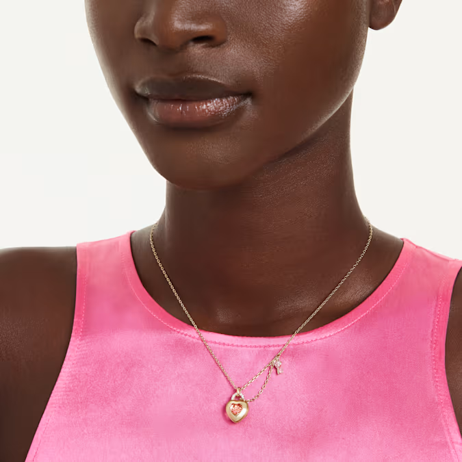 Idyllia pendant Mixed cuts, Heart, Key, Pink, Gold-tone plated