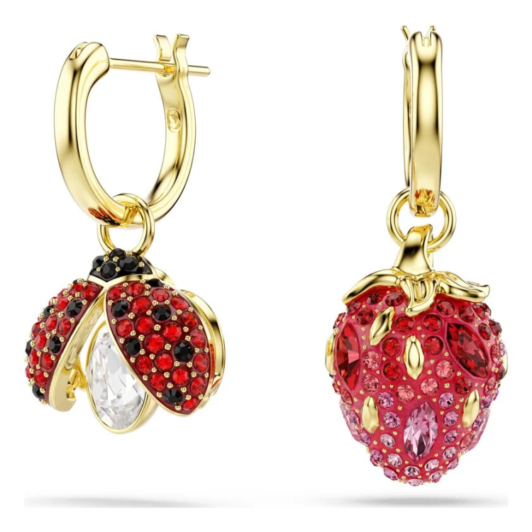 Idyllia drop earrings Set (3), Ladybug, Clover, Strawberry, Multicolored, Gold-tone plated