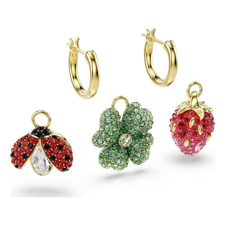 Idyllia drop earrings Set (3), Ladybug, Clover, Strawberry, Multicolored, Gold-tone plated