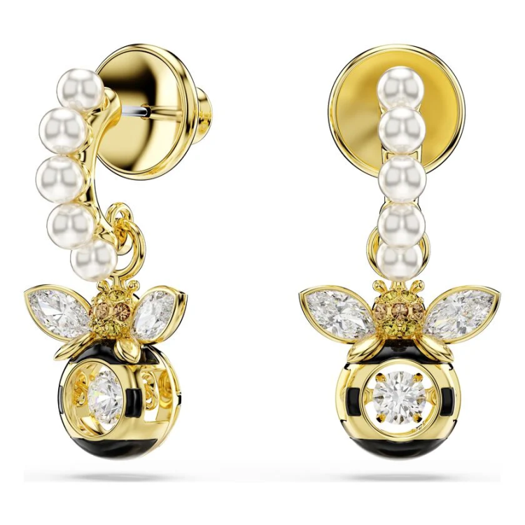 Idyllia drop earrings Crystal pearl, Mixed cuts, Bee, Multicolored, Gold-tone plated