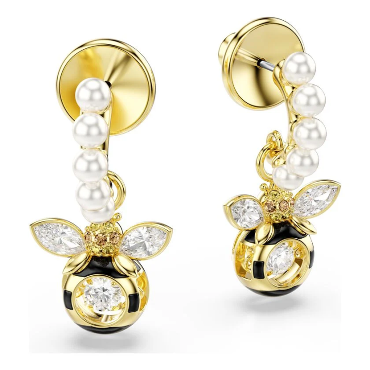 Idyllia drop earrings Crystal pearl, Mixed cuts, Bee, Multicolored, Gold-tone plated