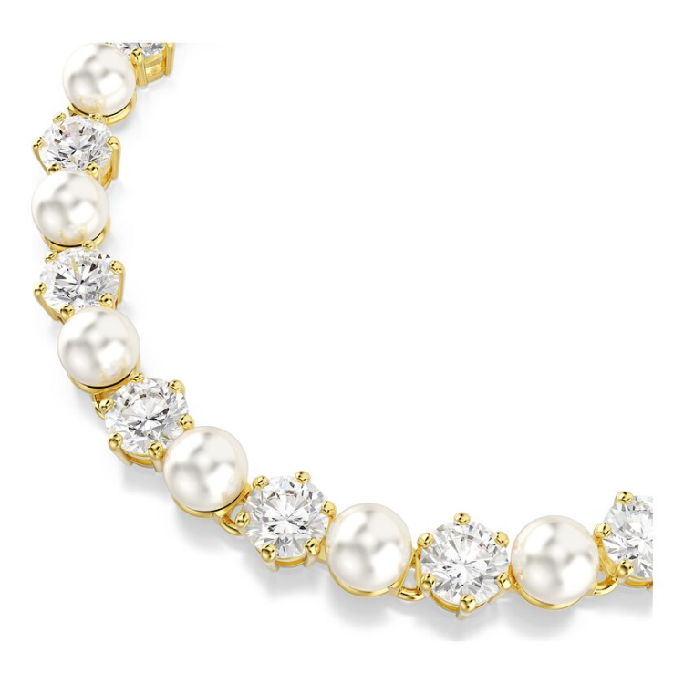Matrix Tennis bracelet Crystal pearl, Round cut, White, Gold-tone plated
