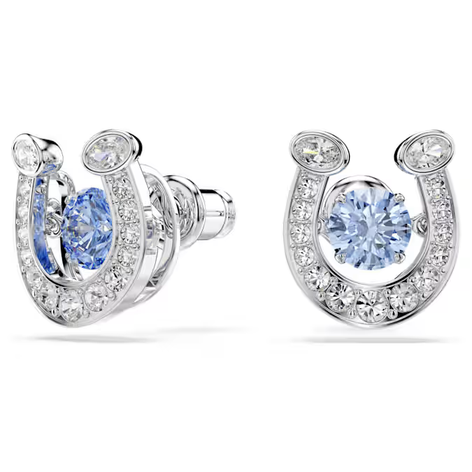Symbolica stud earrings Round cut, Pavé, Horse shoe, Blue, Rhodium plated