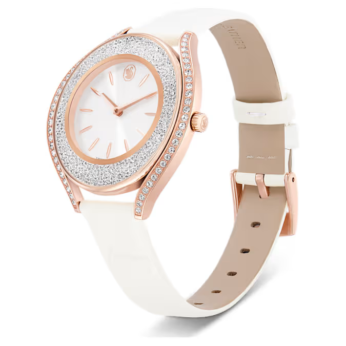 Crystalline aura watch Swiss Made, Leather strap, White, Rose gold-tone finish