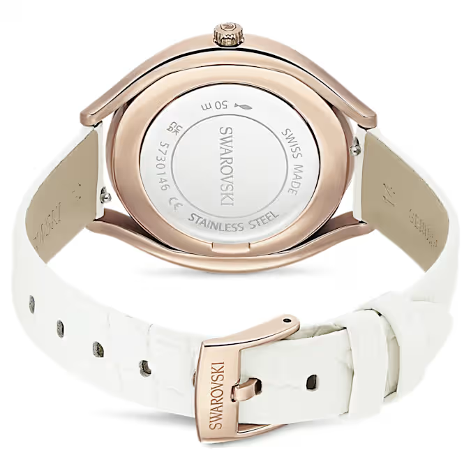 Crystalline aura watch Swiss Made, Leather strap, White, Rose gold-tone finish
