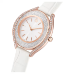 Crystalline aura watch Swiss Made, Leather strap, White, Rose gold-tone finish